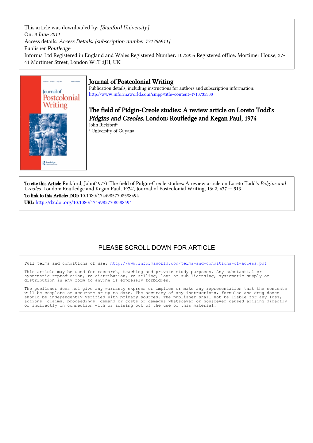 Journal of Postcolonial Writing the Field of Pidgin