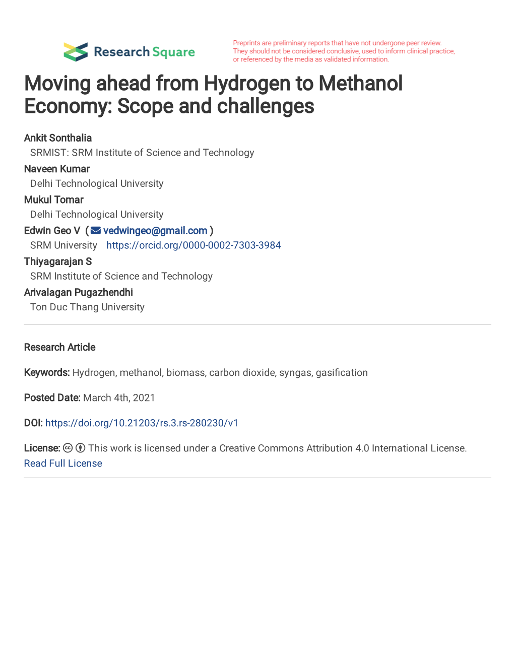 Moving Ahead from Hydrogen to Methanol Economy: Scope and Challenges