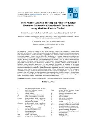 Performance Analysis of Flapping Foil Flow Energy Harvester Mounted on Piezoelectric Transducer Using Meshfree Particle Method