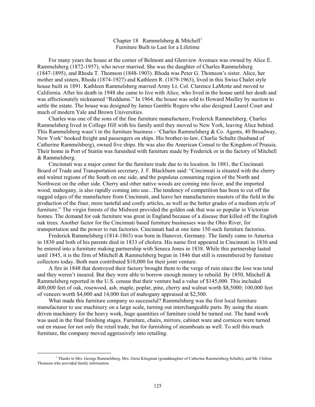 Chapter 18 Rammelsberg & Mitchell1 Furniture Built to Last for a Lifetime for Many Years the House at the Corner of Belmon