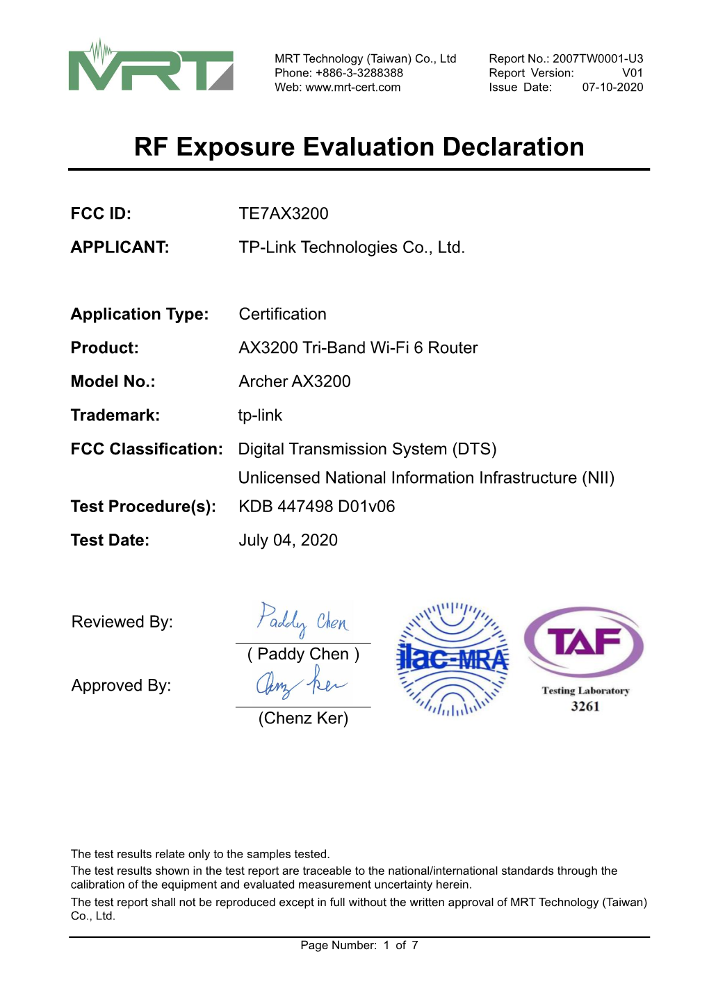 RF Exposure Evaluation Declaration