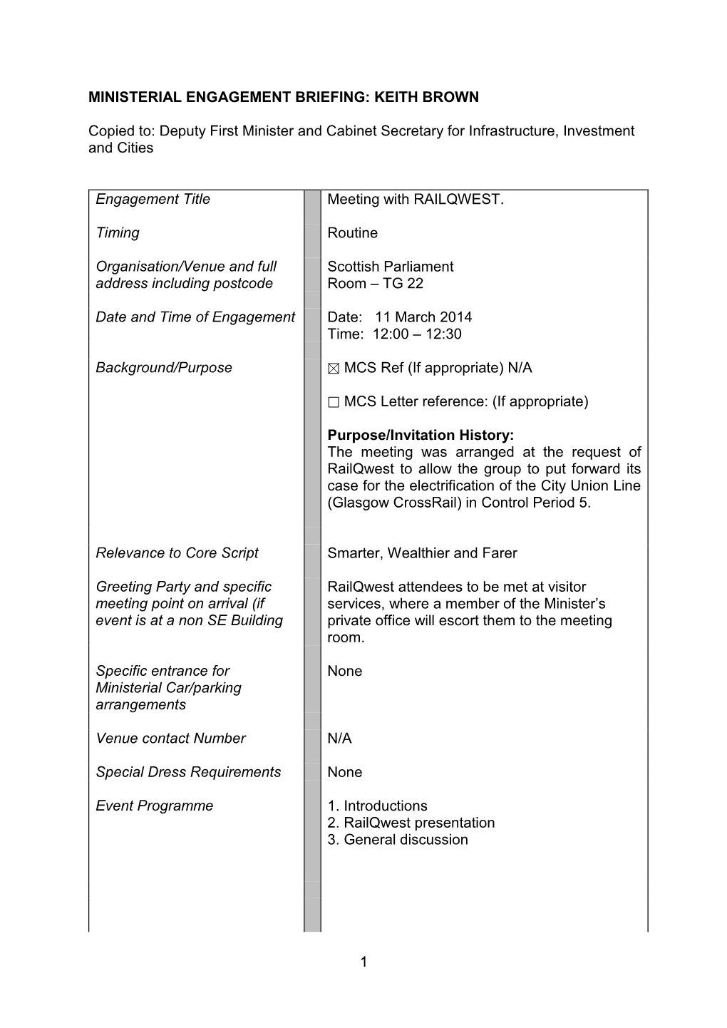 1 MINISTERIAL ENGAGEMENT BRIEFING: KEITH BROWN Copied