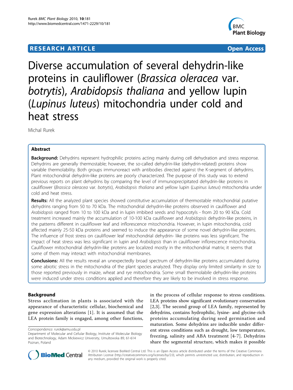 Diverse Accumulation of Several Dehydrin-Like Proteins in Cauliflower (Brassica Oleracea Var