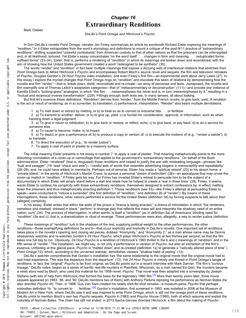 Extraordinary Renditions Mark Osteen Delillo’S Point Omega and Hitchcock’S Psycho