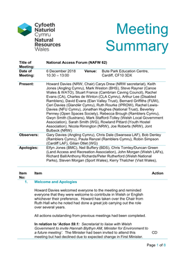 National Access Forum (NAFW 62) Meeting: Date of 6 December 2018 Venue: Bute Park Education Centre, Meeting: 10.30 – 13:00 Cardiff, CF10 3DX