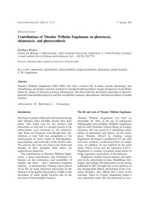 40. G. Drews, "Contributions of Theodor Wilhelm Engelmann on Phototaxis, Chemotaxis, and Photosynthesis"