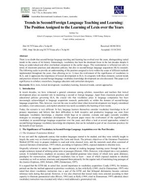 Trends in Second/Foreign Language Teaching and Learning: the Position Assigned to the Learning of Lexis Over the Years