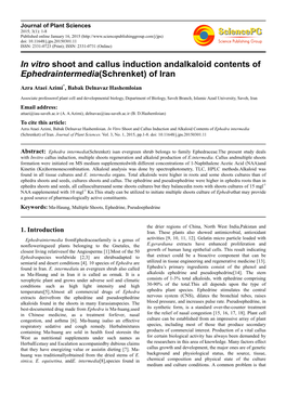 In Vitro Shoot and Callus Induction Andalkaloid Contents of Ephedraintermedia (Schrenket) of Iran