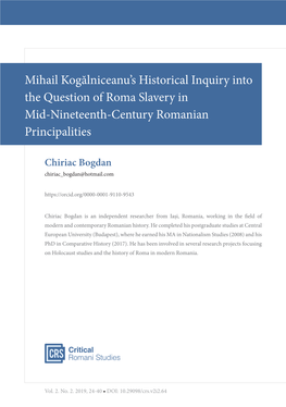 Mihail Kogălniceanu's Historical Inquiry Into the Question of Roma Slavery in Mid-Nineteenth-Century Romanian Principalities