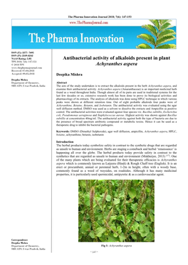 Antibacterial Activity of Alkaloids Present in Plant Achyranthes Aspera