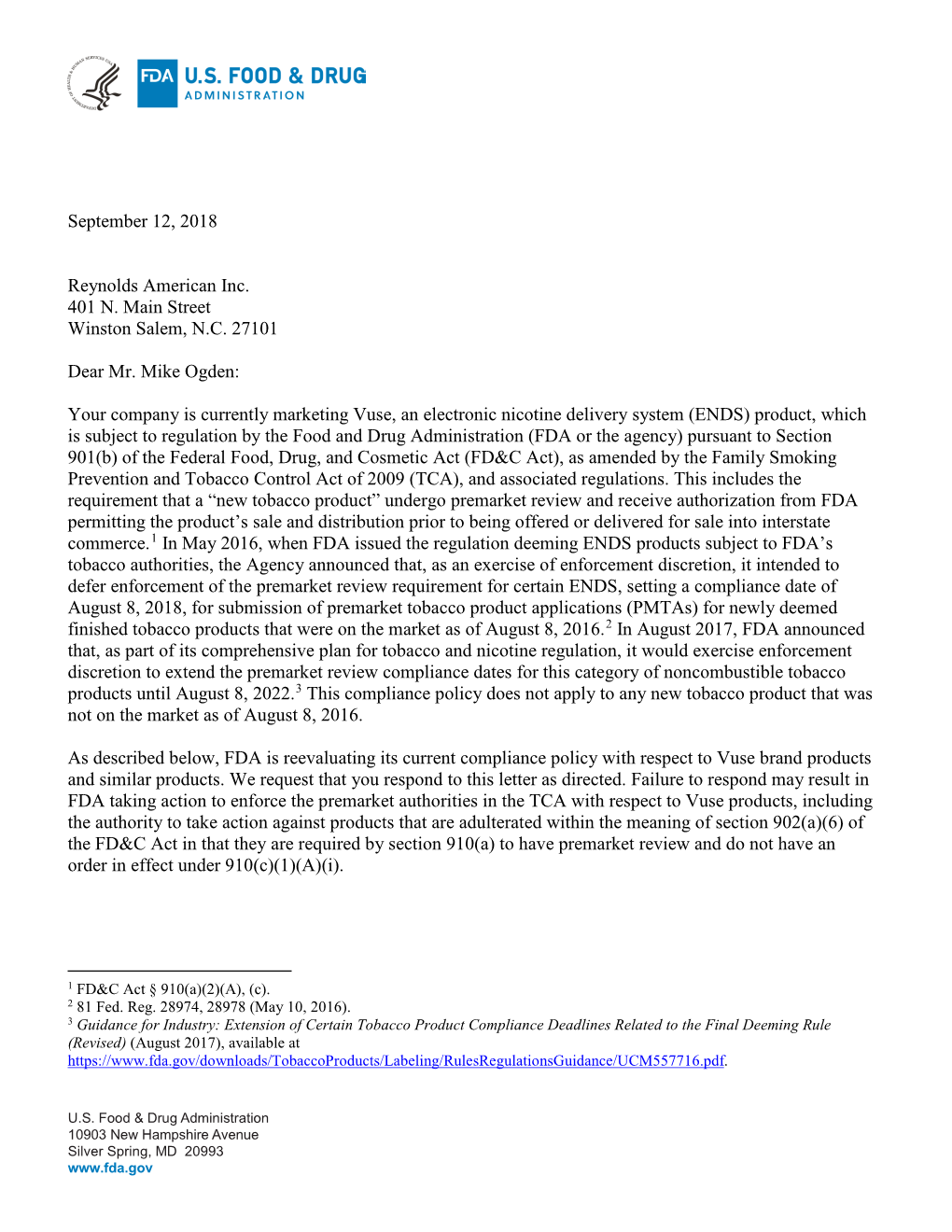 Letter to Reynolds American Regarding Vuse