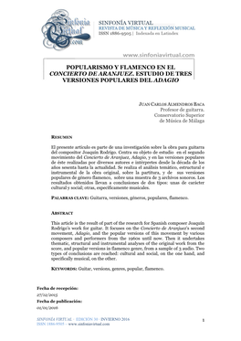 Popularismo Y Flamenco En El Concierto De Aranjuez. Estudio De Tres Versiones Populares Del Adagio