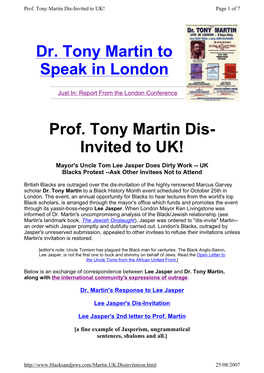Prof. Tony Martin Dis-Invite by Ken Livingstone & Lee Jasper