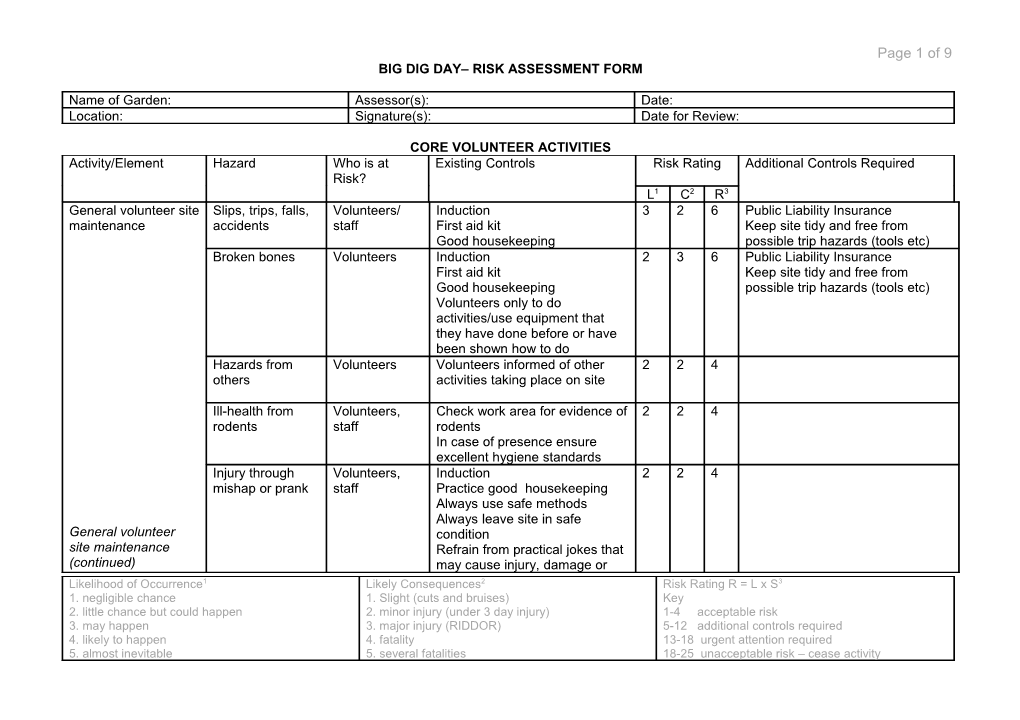 Big Dig Day Risk Assessment Form