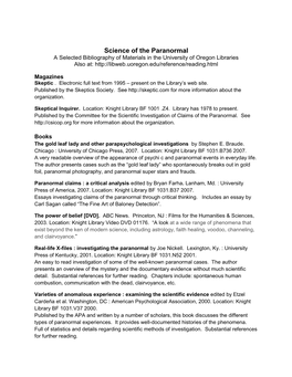 Science of the Paranormal a Selected Bibliography of Materials in the University of Oregon Libraries Also At