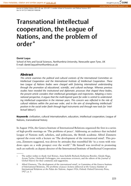 Transnational Intellectual Cooperation, the League of Nations, and the Problem of Order*