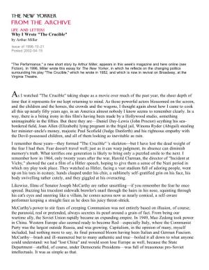 Wrote "The Crucible" by Arthur Miller Issue of 1996-10-21 Posted 2002-04-15