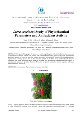 Ixora Coccinea: Study of Phytochemical Parameters and Antioxidant Activity
