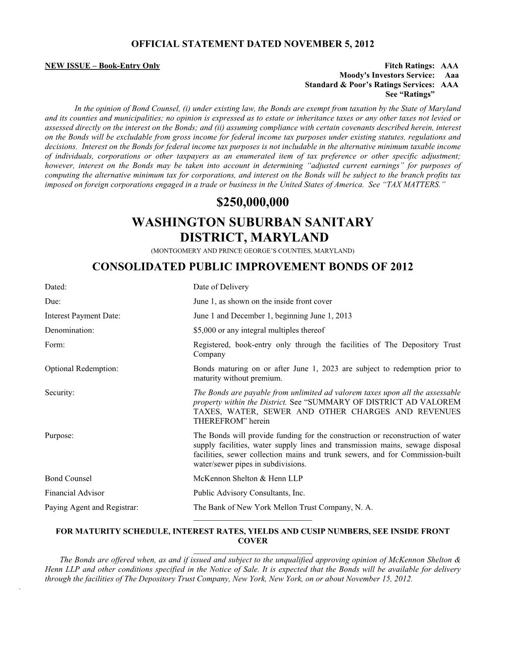 $250,000,000 Washington Suburban Sanitary District, Maryland (Montgomery and Prince George’S Counties, Maryland) Consolidated Public Improvement Bonds of 2012