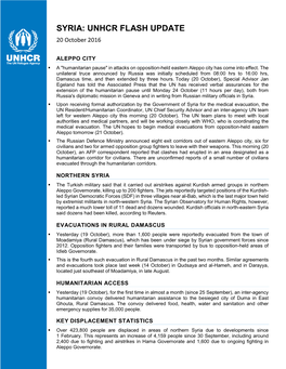 SYRIA: UNHCR FLASH UPDATE 20 October 2016