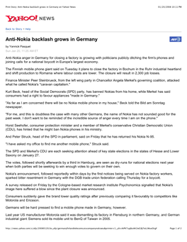 Print Story: Anti-Nokia Backlash Grows in Germany on Yahoo! News 01/20/2008 10:11 PM