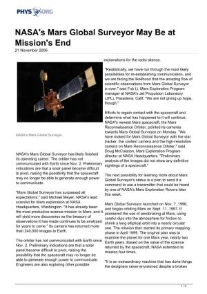 NASA's Mars Global Surveyor May Be at Mission's End 21 November 2006