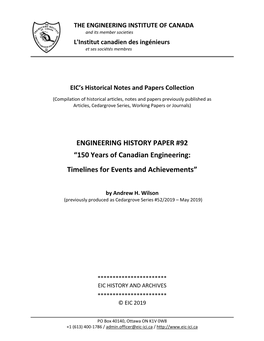 ENGINEERING HISTORY PAPER #92 “150 Years of Canadian Engineering: Timelines for Events and Achievements”