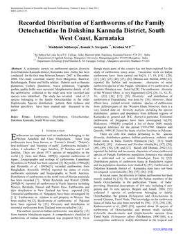 Recorded Distribution of Earthworms of the Family Octochaetidae in Dakshina Kannada District, South West Coast, Karnataka