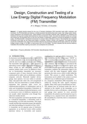 Design, Construction and Testing of a Low Energy Digital Frequency Modulation (FM) Transmitter