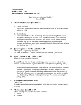 Glory Revealed Week 9 – John 11-12 Revealed As the Resurrection and Life “I Am the Resurrection and the Life.” John 11:11A