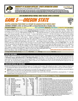 GAME 5—OREGON STATE BUFFS LOOKING for FIRST 2-0 START in LEAGUE PLAY SINCE 2007 SATURDAY, OCTOBER 1, 2016 12:31 P.M
