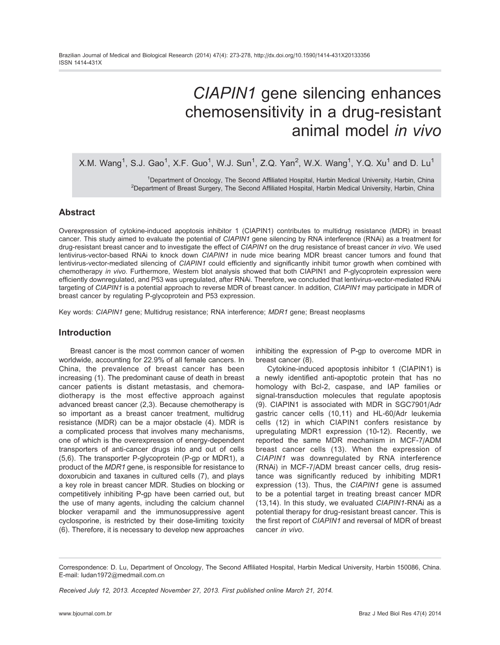 CIAPIN1 Gene Silencing Enhances Chemosensitivity in a Drug-Resistant Animal Model in Vivo