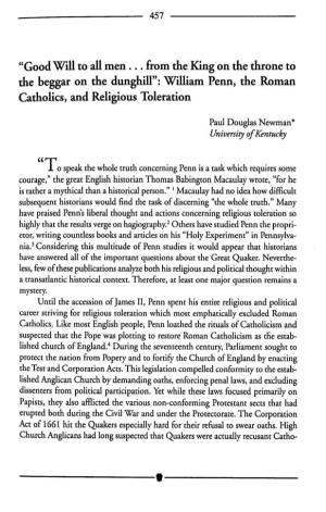 William Penn, the Roman Catholics, and Religious Toleration