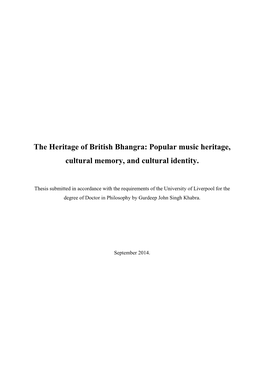 The Heritage of British Bhangra: Popular Music Heritage, Cultural Memory, and Cultural Identity