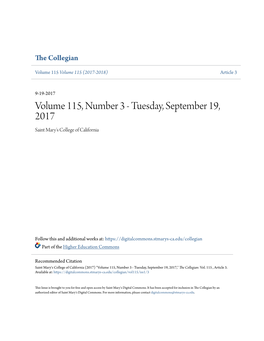 Volume 115, Number 3 - Tuesday, September 19, 2017 Saint Mary's College of California