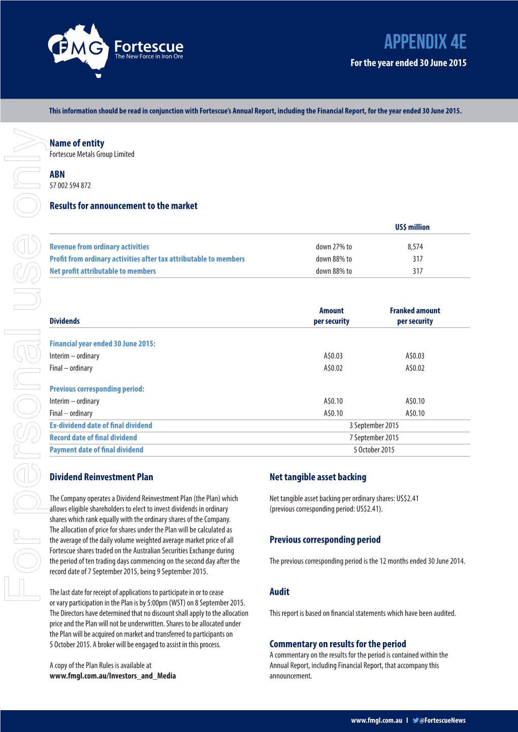 Annual Report, Including the Financial Report, for the Year Ended 30 June 2015