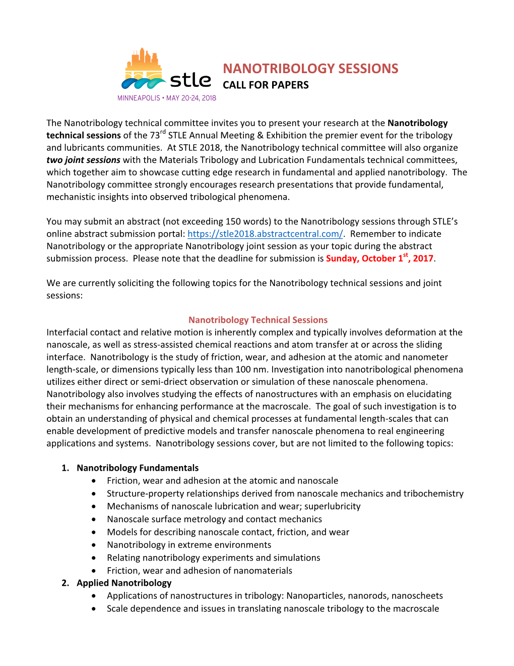 STLE Nanotribology Solicitation Revised