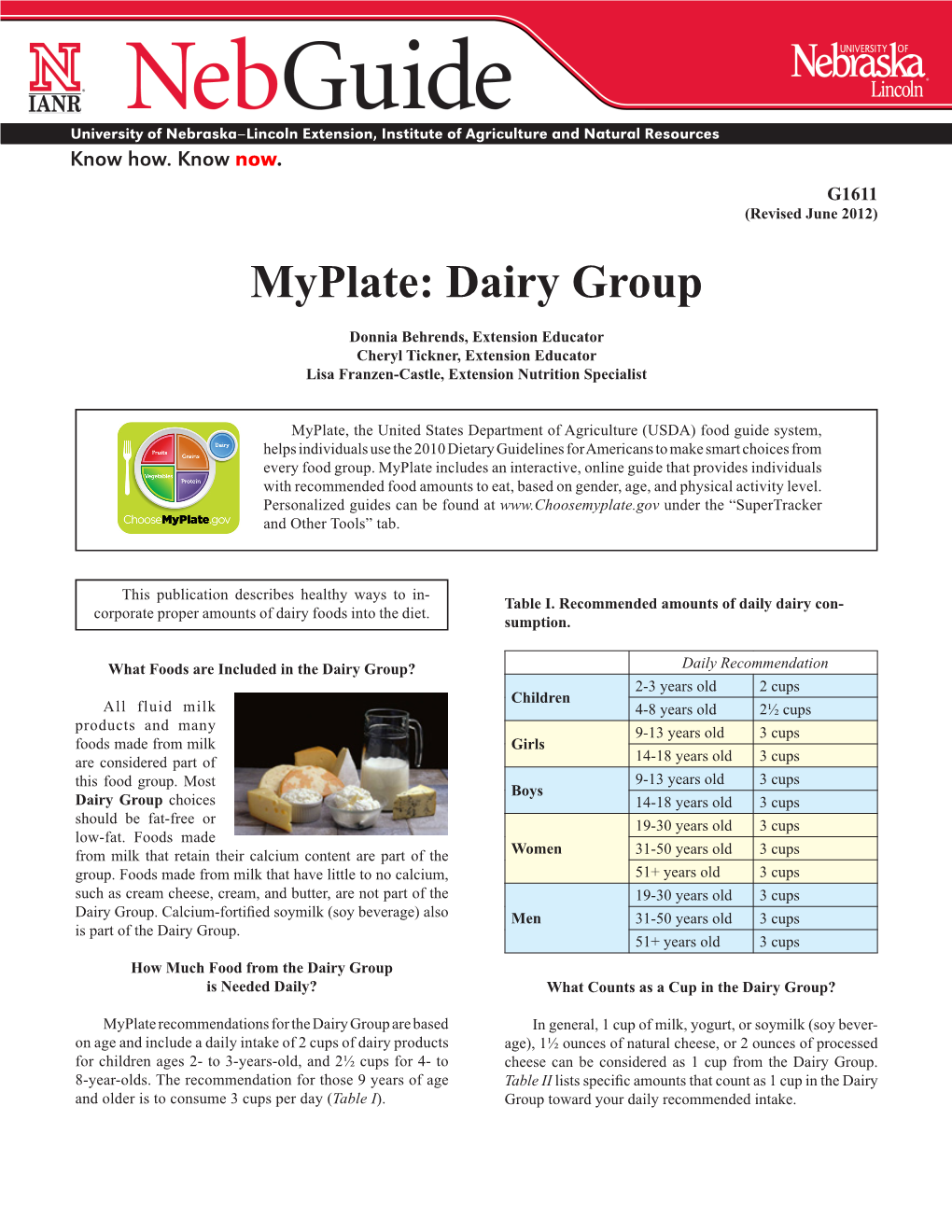 Myplate: Dairy Group