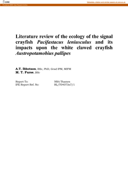 Literature Review of the Ecology of the Signal Crayfish Pacifastacus Leniusculus and Its Impacts Upon the White Clawed Crayfish Austropotamobius Pallipes