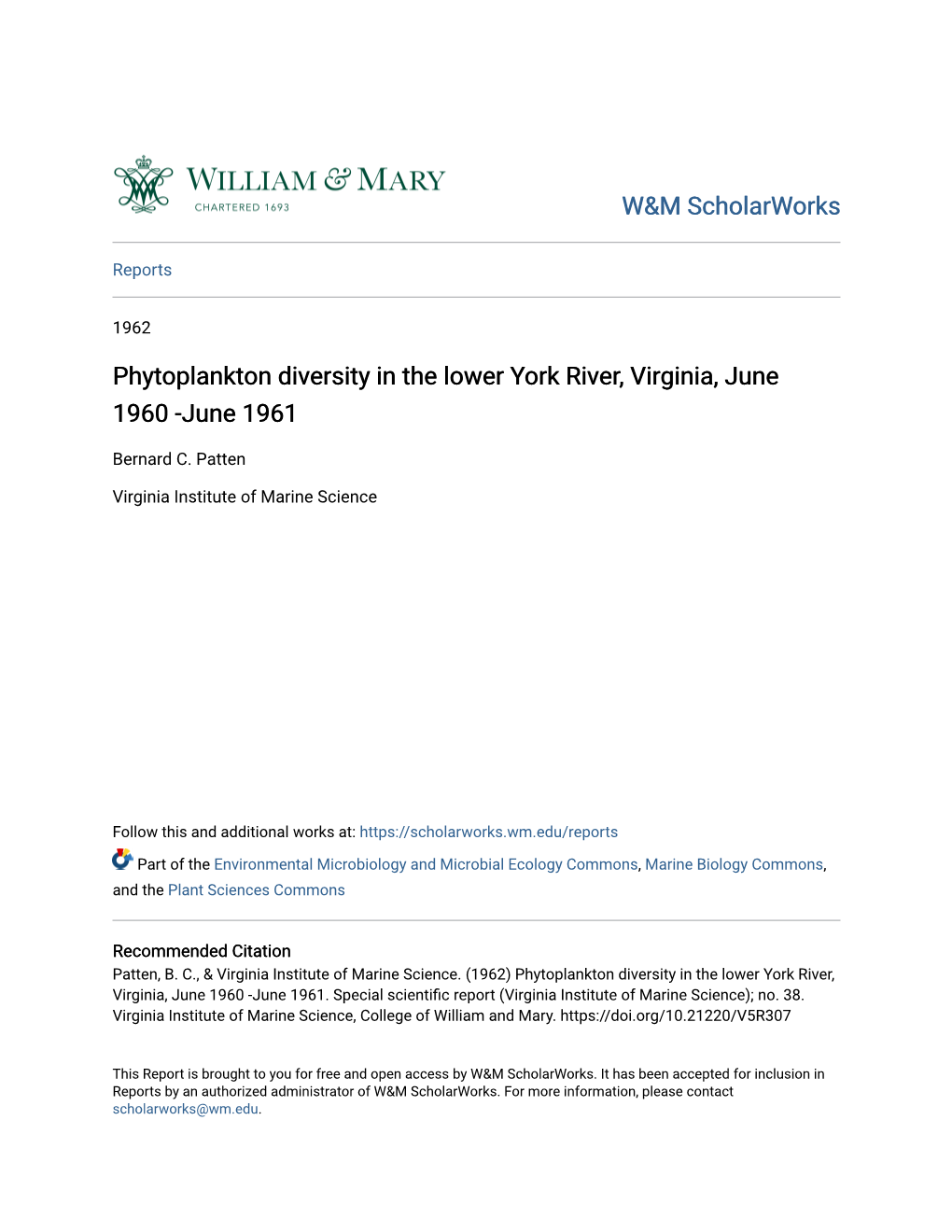 Phytoplankton Diversity in the Lower York River, Virginia, June 1960 -June 1961