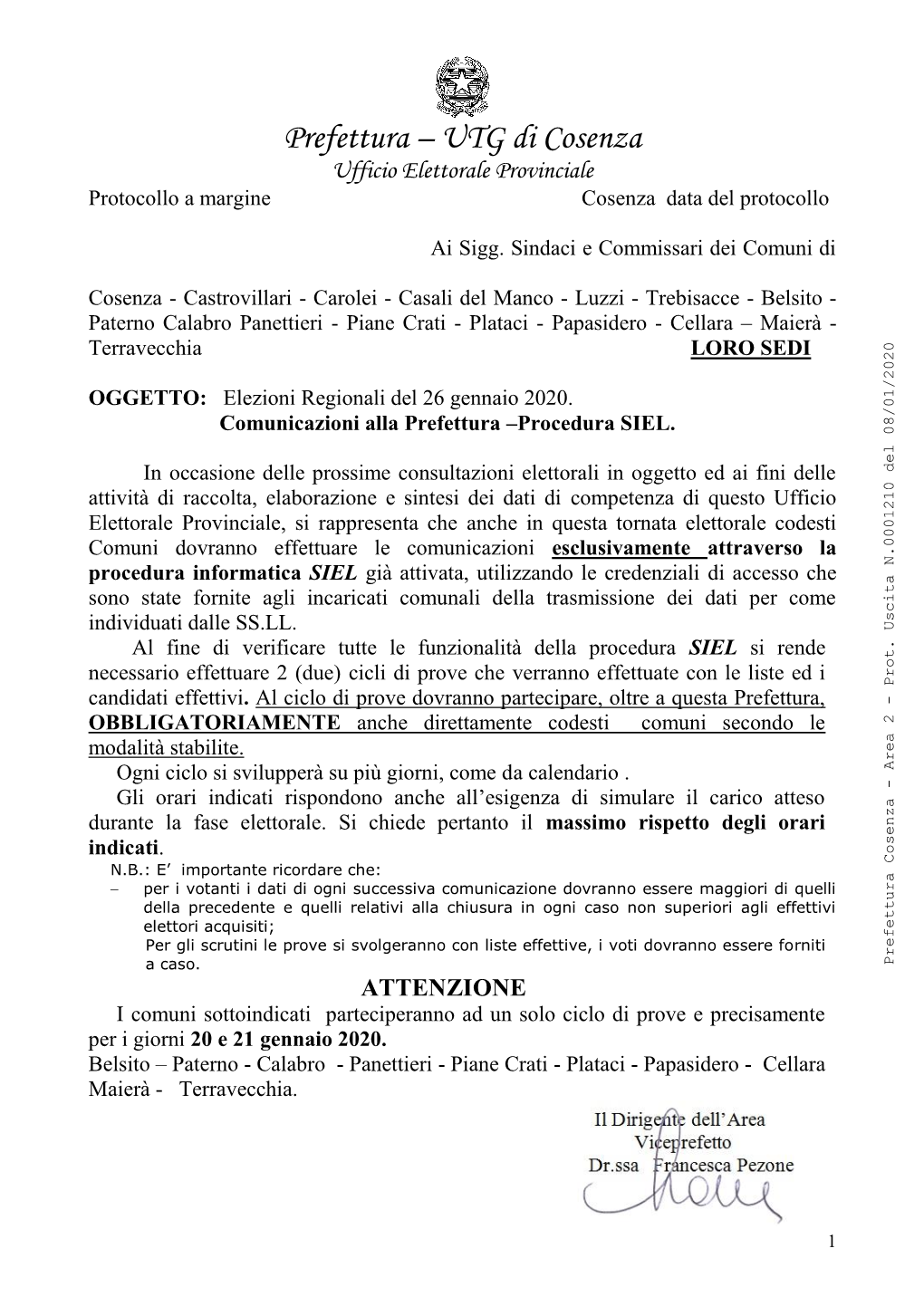 Prefettura – UTG Di Cosenza Ufficio Elettorale Provinciale Protocollo a Margine Cosenza Data Del Protocollo