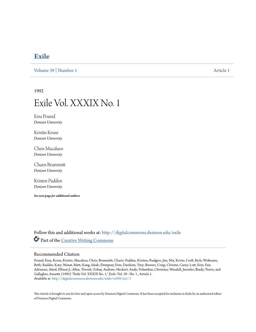 Exile Vol. XXXIX No. 1 Ezra Pound Denison University