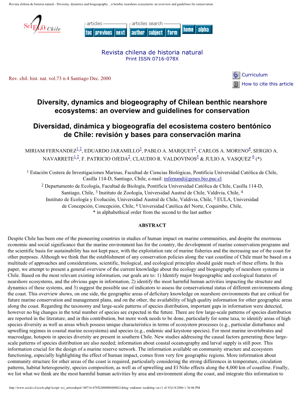 Revista Chilena De Historia Natural - Diversity, Dynamics and Biogeography ...N Benthic Nearshore Ecosystems: an Overview and Guidelines for Conservation