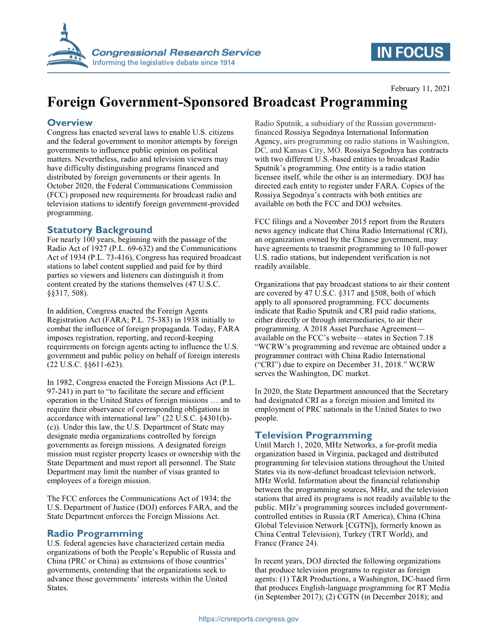 Foreign Government-Sponsored Broadcast Programming