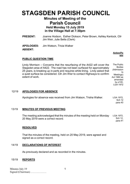 Minutes of Meeting of the Parish Council Held Monday 15 July 2019 in the Village Hall at 7:30Pm