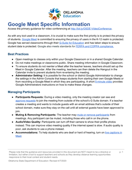 Google Meet Specific Information Access the Primary Guidance for Video Conferencing At