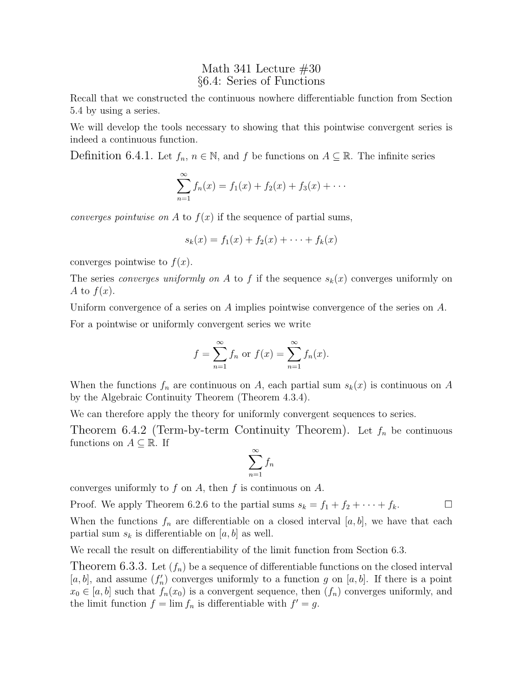 Series of Functions Theorem 6.4.2