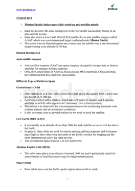 1. Mission Shakti: India Successfully Tested an Anti-Satellite Missile