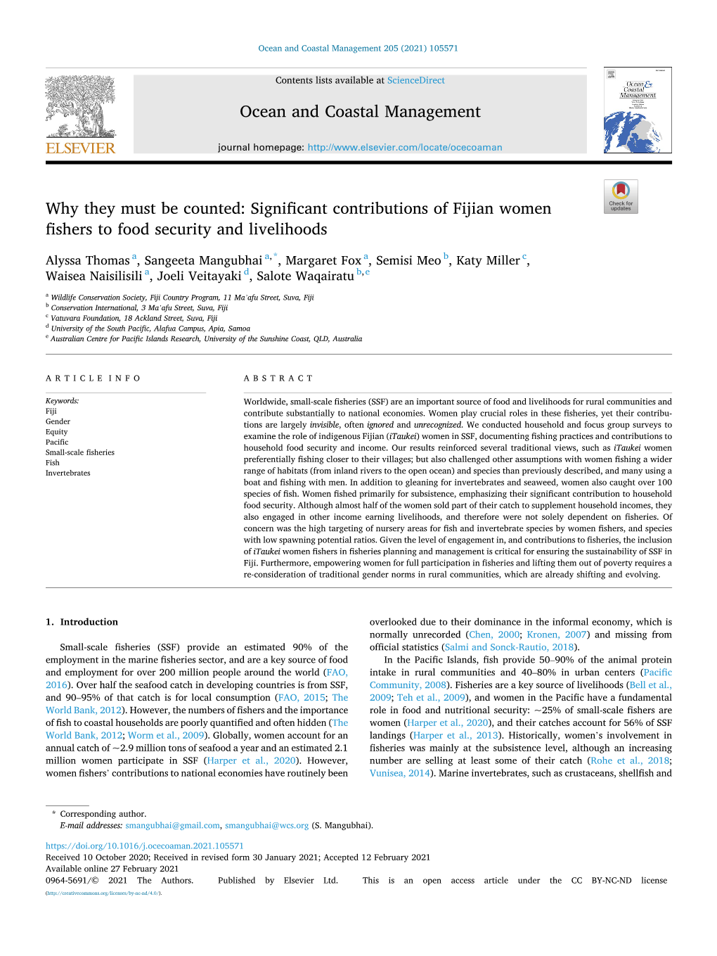 Why They Must Be Counted: Significant Contributions of Fijian Women Fishers to Food Security and Livelihoods