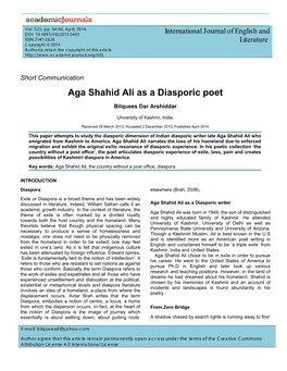 Aga Shahid Ali As a Diasporic Poet